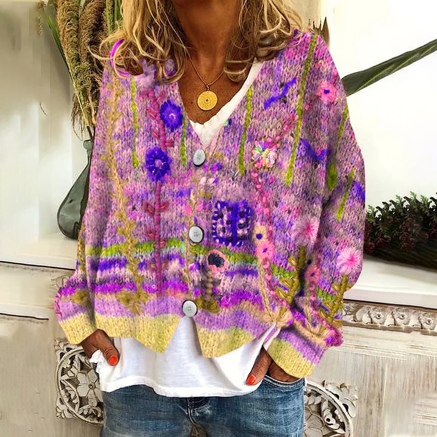 Vintage Floral Print V-Neck Long Sleeved Knitted Cardigan elevenforest