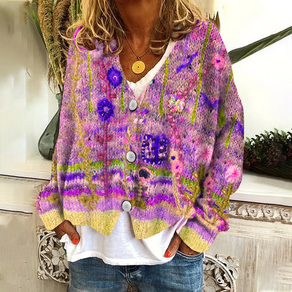 Vintage Floral Print V-Neck Long Sleeved Knitted Cardigan elevenforest
