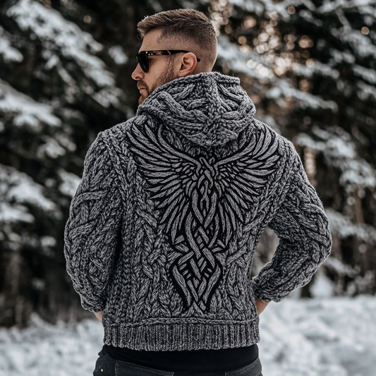 Men's Viking Tribal Wings Celtic Knit Cozy Hooded Sweater elevenforest