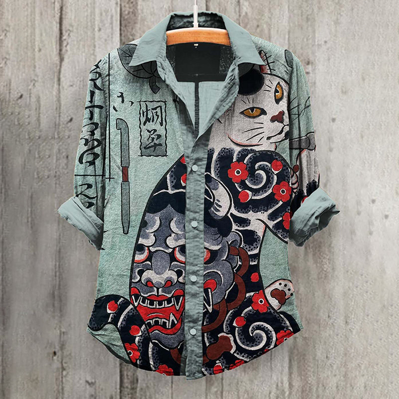 Vintage Japanese Art Cat Linen Blend Shirt elevenforest