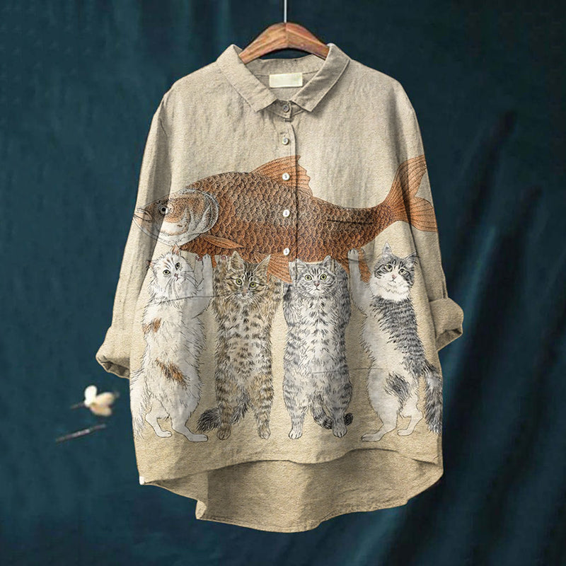 Comstylish Vintage Catch A Big Fish Cute Cats Print Casual Cotton And Linen Shirt