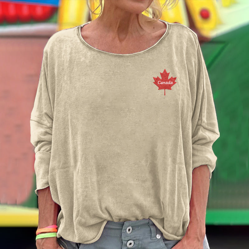 Women's Canadian Maple Leaf Embroidered Crewneck Cozy T Shirt elevenforest