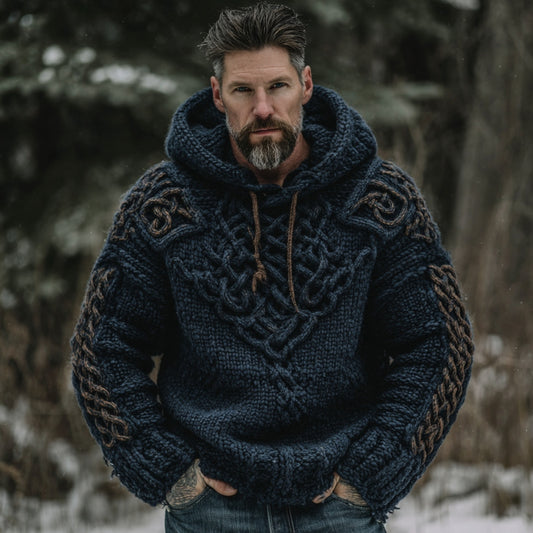 Men's Viking Celtic Knot Art Jacquard Chunky Knitted Cozy Hooded Sweater elevenforest