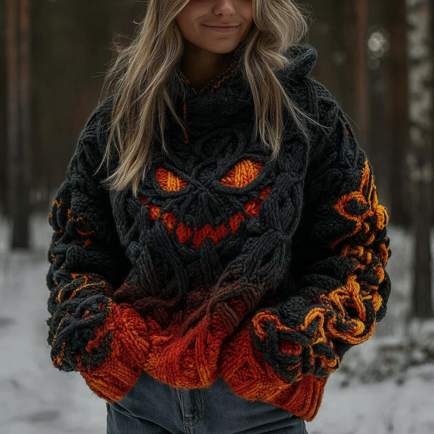 Women's Halloween Spooky Pumpkin Art Gradient Vintage Cozy Knit Hooded Sweater elevenforest