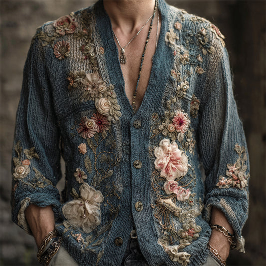 Men's Vintage Boho Floral Fiber Art Comfy Knit Cardigan elevenforest
