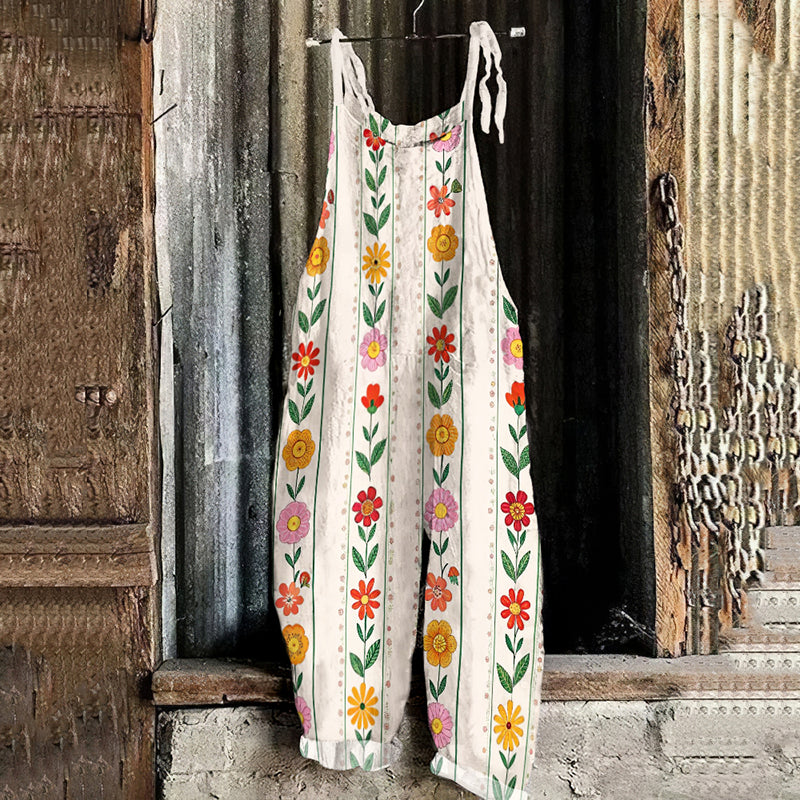 Women's Bohemian Style Daisy And Lavender Floral Linen Print Cotton Linen Jumpsuit artswardrobe