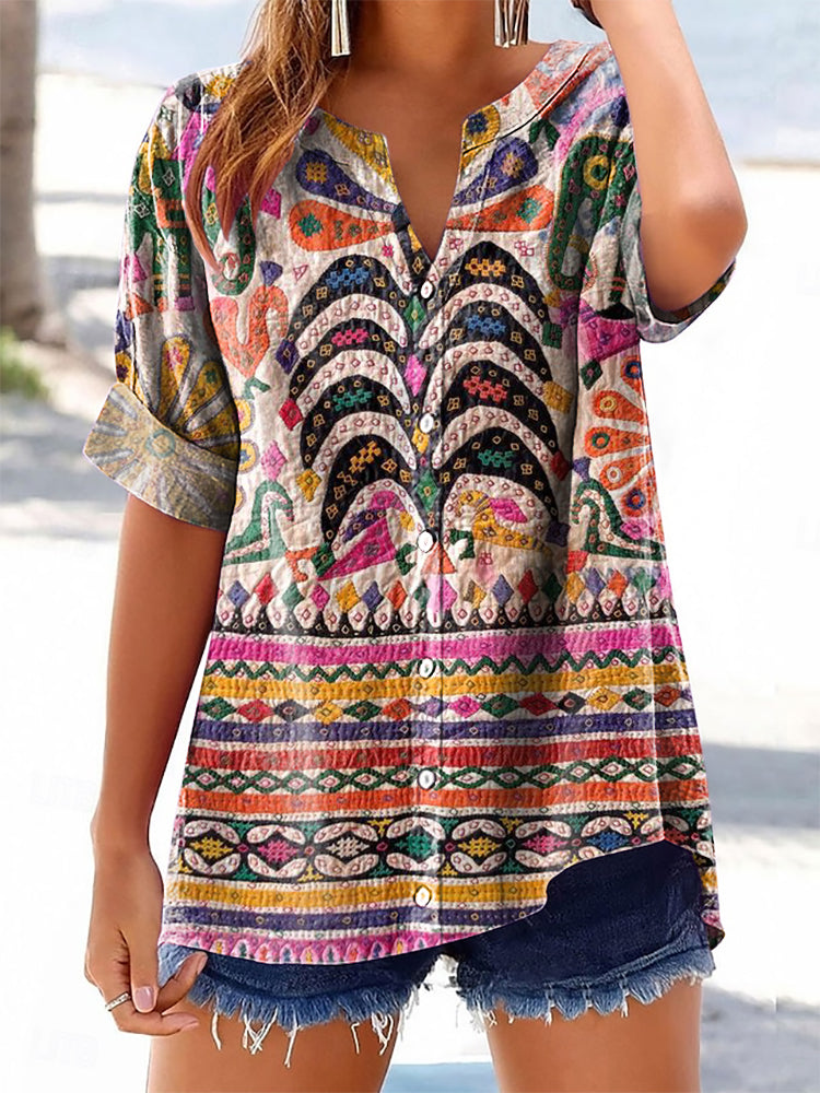 Women's Vintage Bohemian Floral Art Print Casual Cotton And Linen Shir