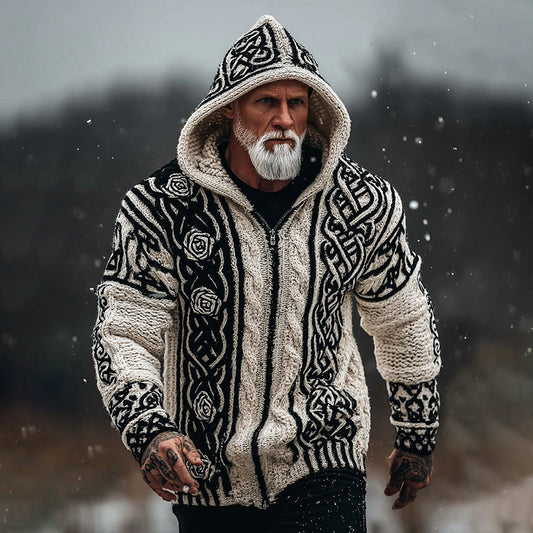 Men's Viking Tribal Jacquard Celtic With Rose Inspired Chunky Knit Zipped Hooded Sweater artswardrobe