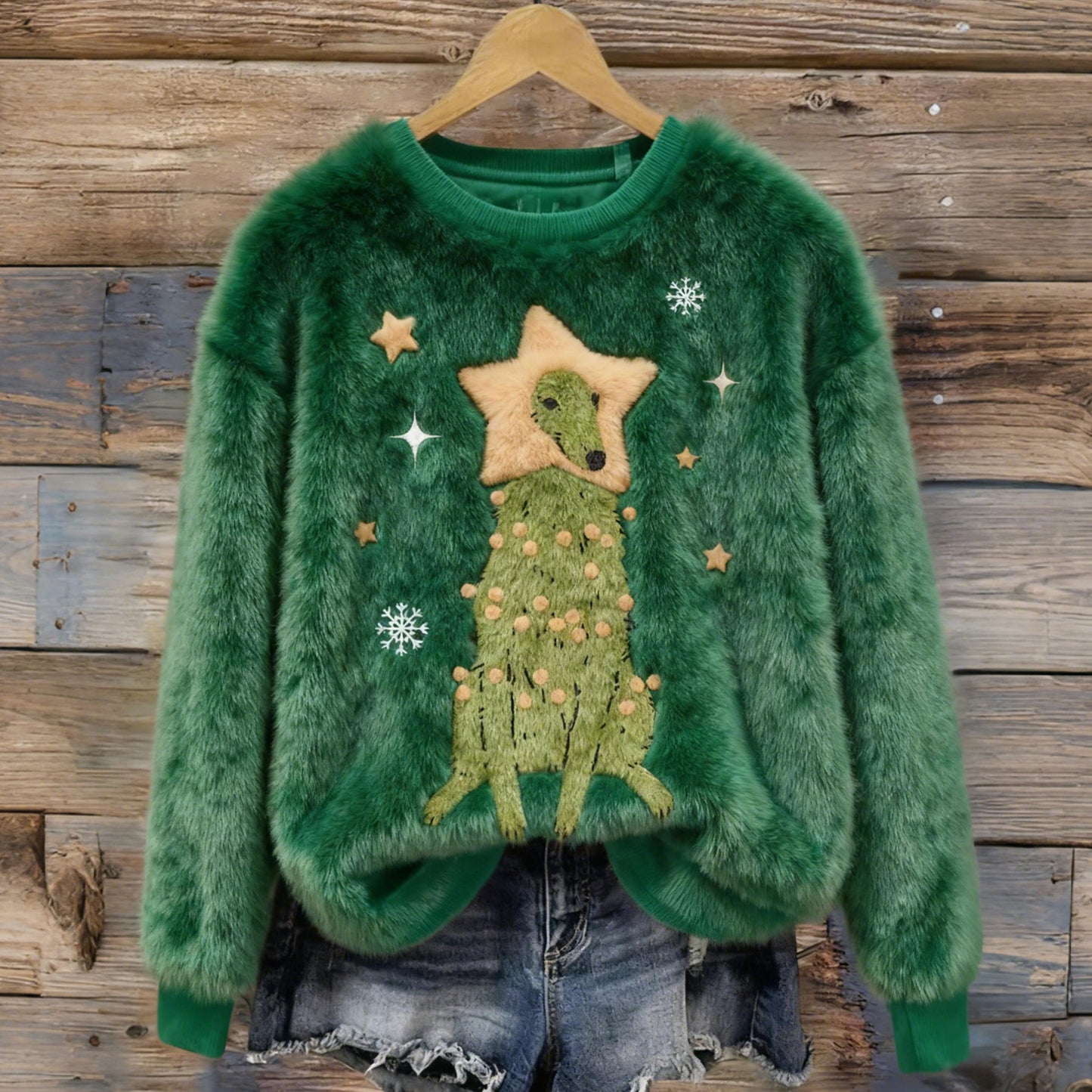 Comstylish Cute And Fun Dog And Star Pattern Warm Crew Neck Sweater