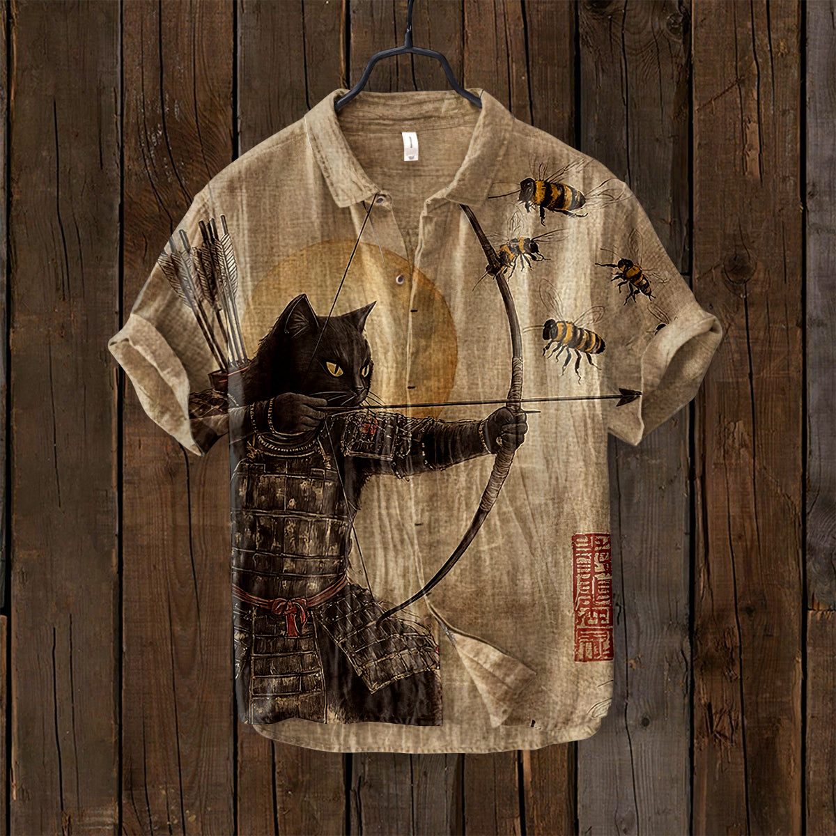 Men's Black Cat Tribal Warrior Japanese Kyudo Short Sleeve Shirt elevenforest