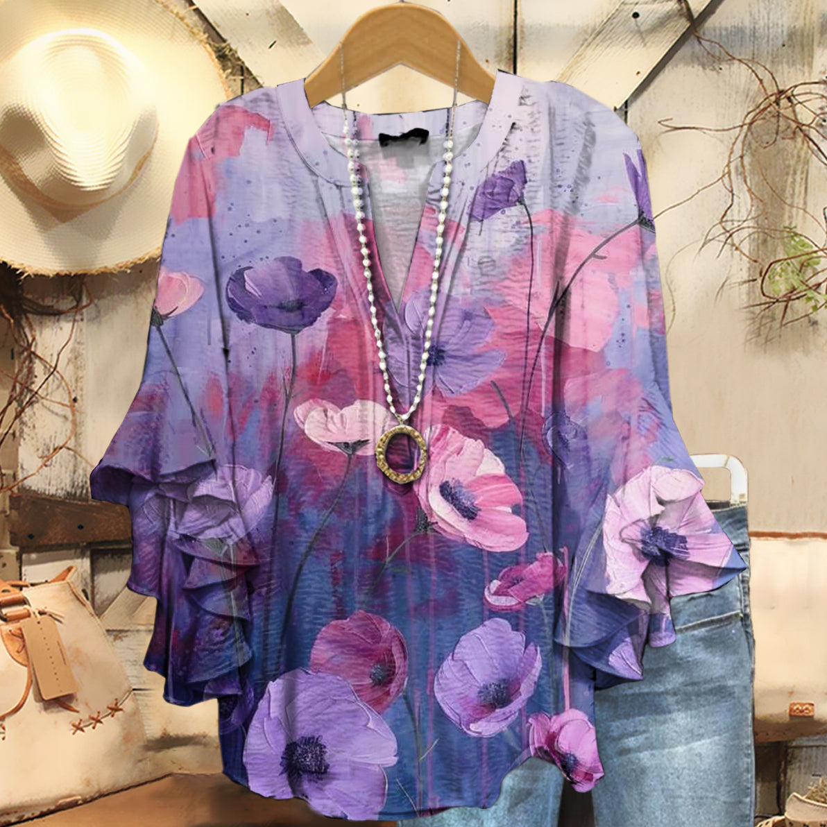 Women's Vintage Floral Art Print Casual Cotton And Linen Shirt