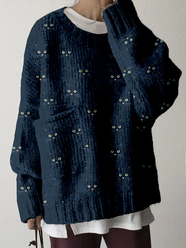 Cute Cat Face Pattern Big Pocket Cozy Sweater elevenforest