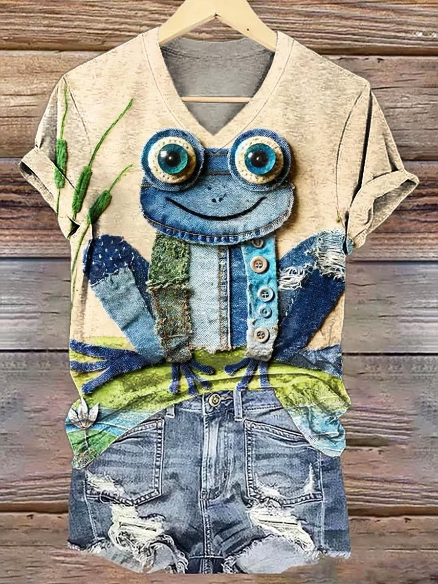 Women's Cute Frog Collage Art Pattern Print V-neck Casual T-Shirt