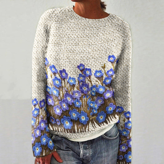 Floral Painting Art Print Knitted Crew Neck Pullover Cozy Sweater elevenforest