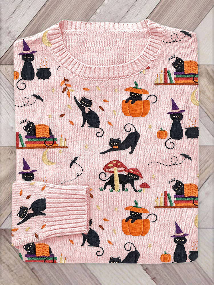 Halloween Black Cat Pumpkin Embroidery Pattern Sweater artswardrobe