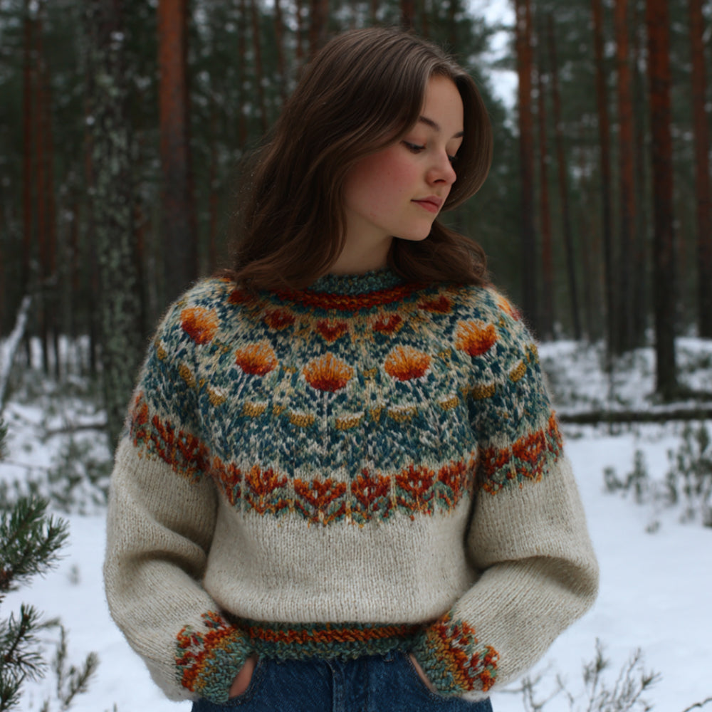 Comstylish Vintage Colorful Fair Isle Floral Vintage Crew Neck Sweater