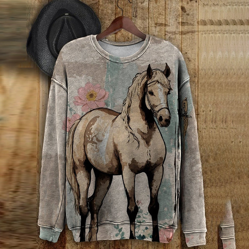 Comstylish Vintage Horse Print Loose Fit Sweatshirt