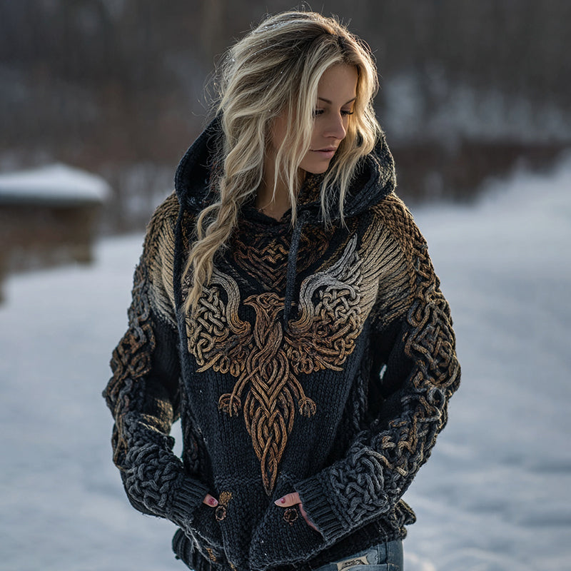 Women's Celtic Knot Myth Phoenix Embroidered Ombre Hooded Sweater artswardrobe