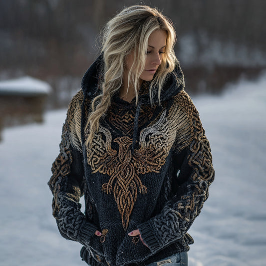 Women's Celtic Knot Myth Phoenix Embroidered Ombre Hooded Sweater elevenforest
