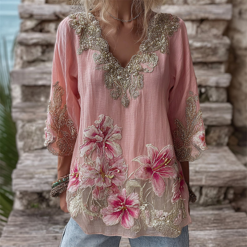 Vintage Pink Lily Glitter Lace Flowy Linen Tunic elevenforest