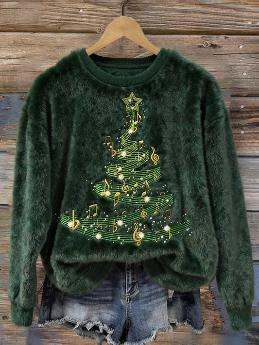 Vintage Music Notes Christmas Tree Embroidered Plush Sweater artswardrobe