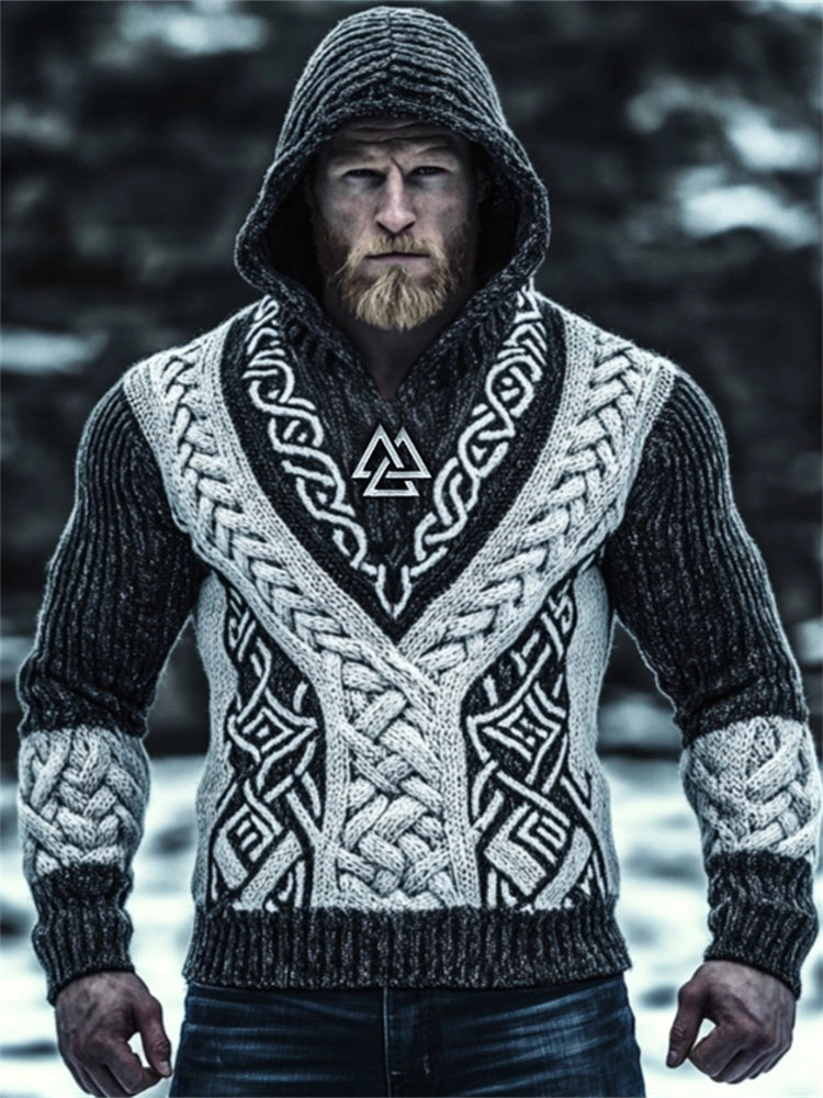 Men's Viking Symbol Celtic Contrast Chunky Hooded Sweater artswardrobe