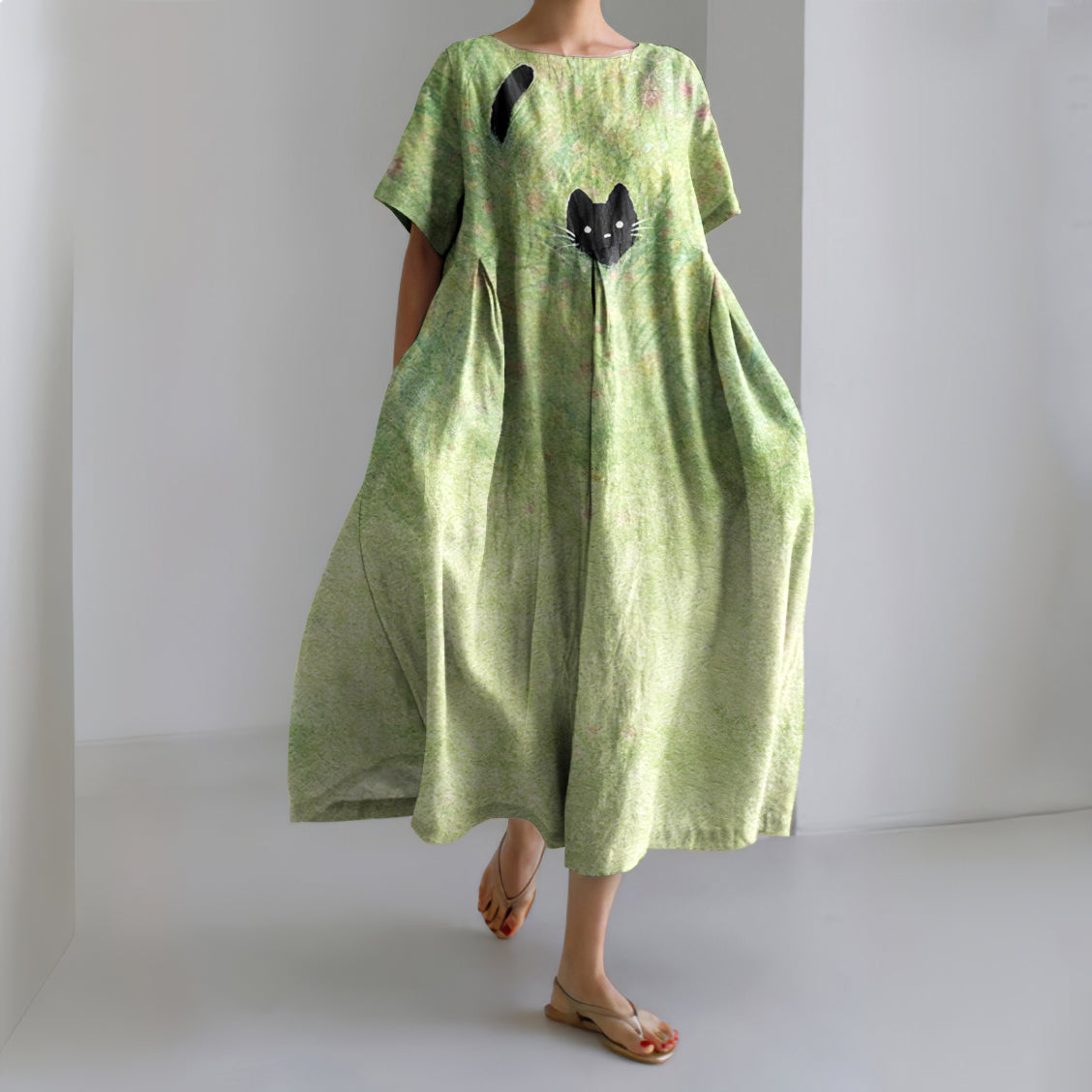 Comstylish Plant & Cat Painting Art Linen Blend Maxi Dress