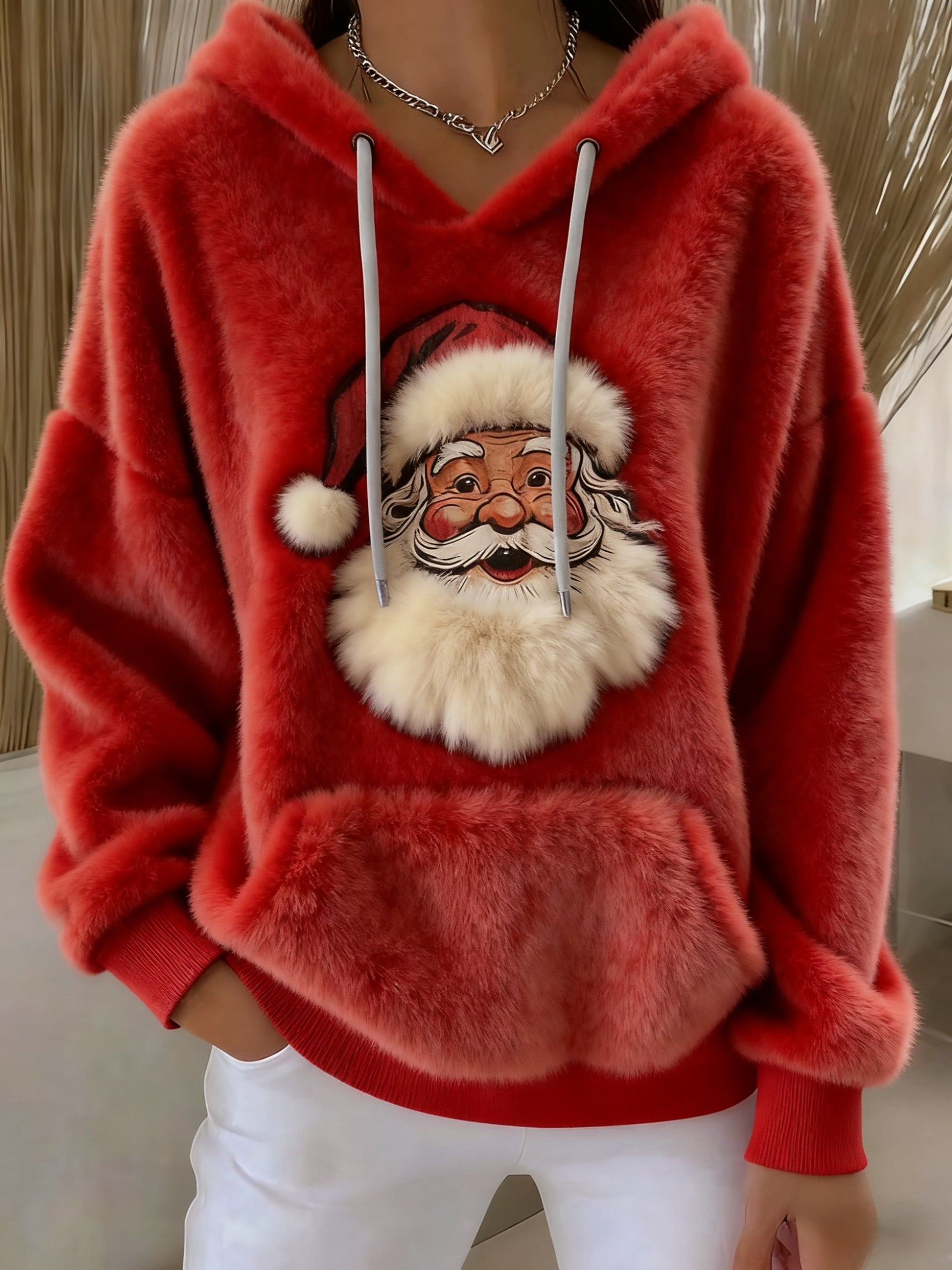 Vintage Christmas Santa Art Women's Cozy Plush Hooded Sweater