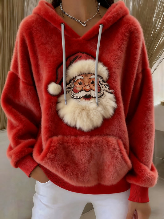 Vintage Christmas Santa Art Women's Cozy Plush Hooded Sweater