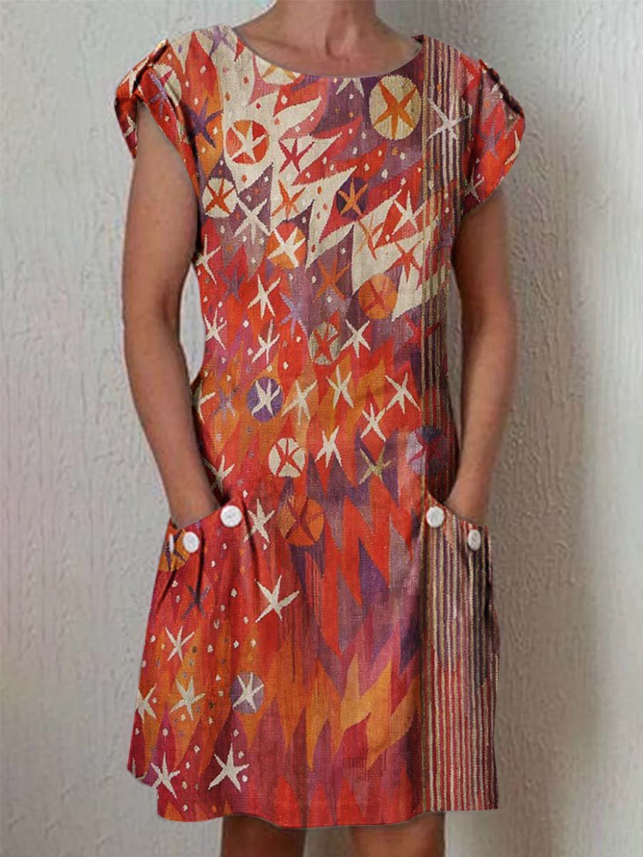 Women's Art Abstract Floral Pattern Cotton and Linen Dress