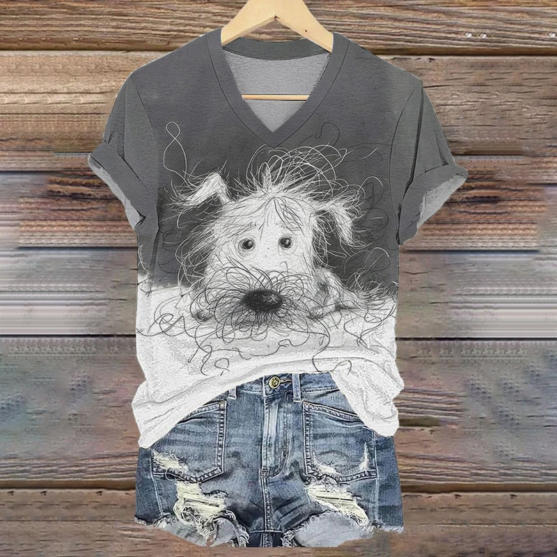 Comstylish Cute Dog Scrawled Puppy Art Pattern V-Neck T-Shirt
