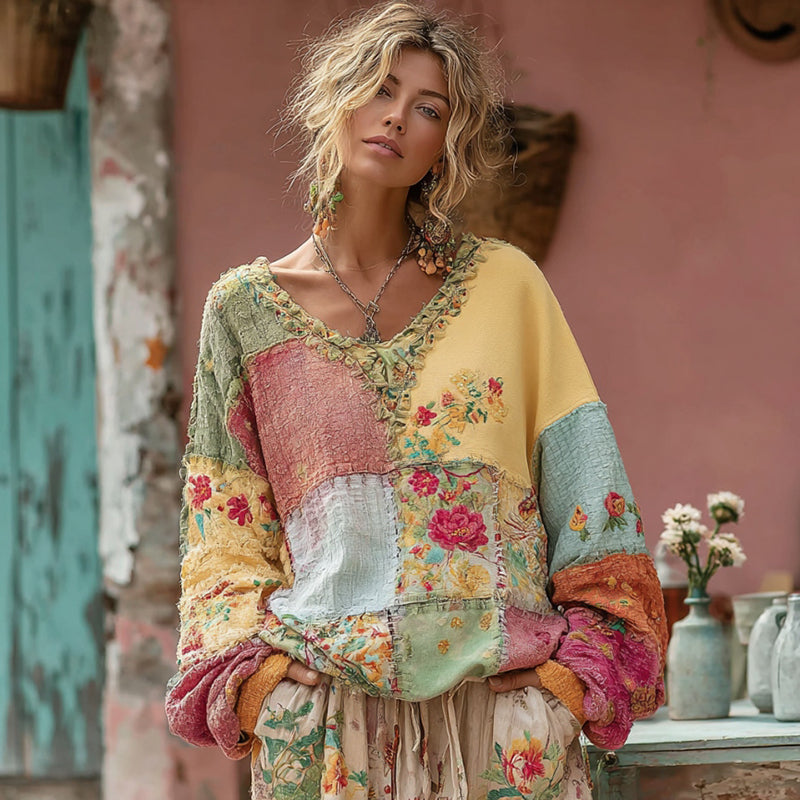 Comstylish Women's Flower Embroidery Macaroon Color Patchwork Art V-neck Casual Sweatshirt