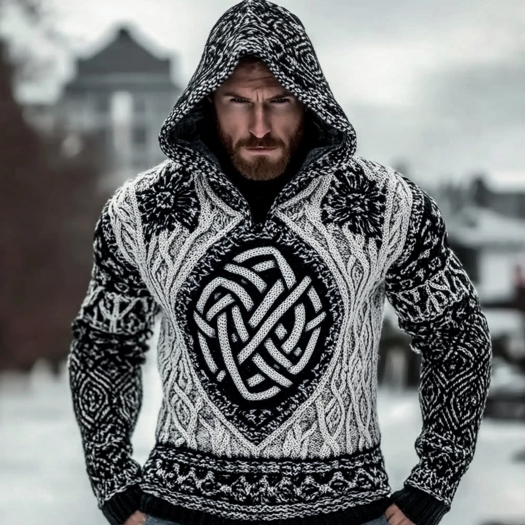 Men's Viking Jacquard Celtic Cozy Knit Hooded Sweater artswardrobe