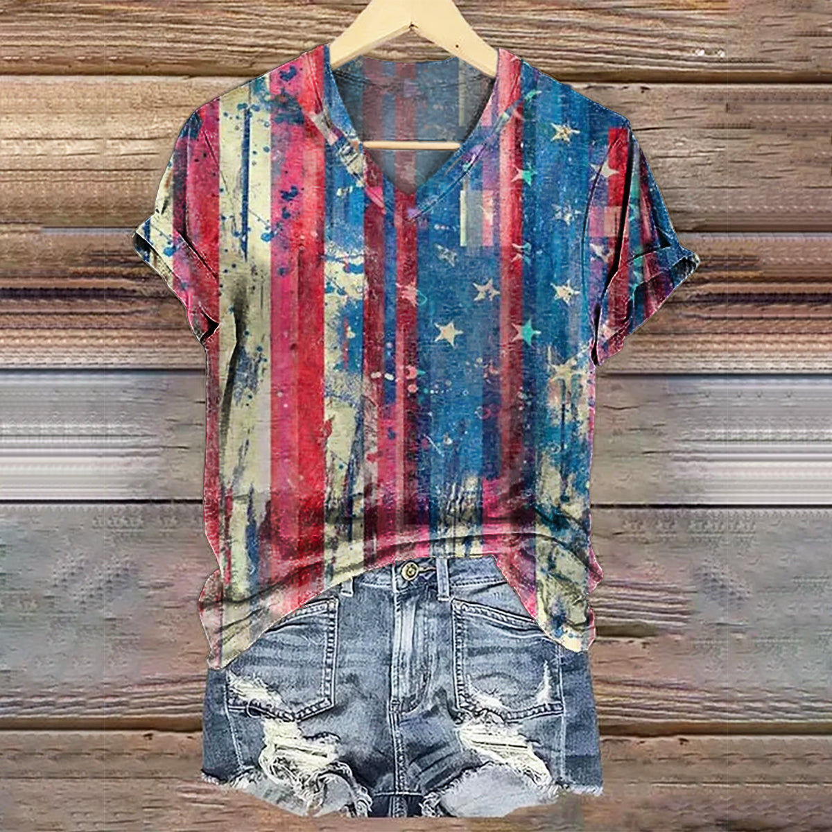 Women's Pentagram Art Print V-Neck Casual T-Shirt