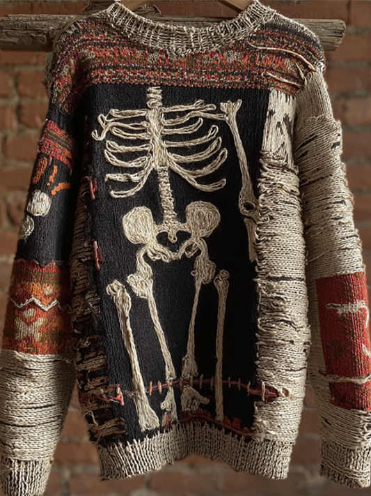 Halloween Skeleton Man Pattern Knit Round Neck Sweater artswardrobe