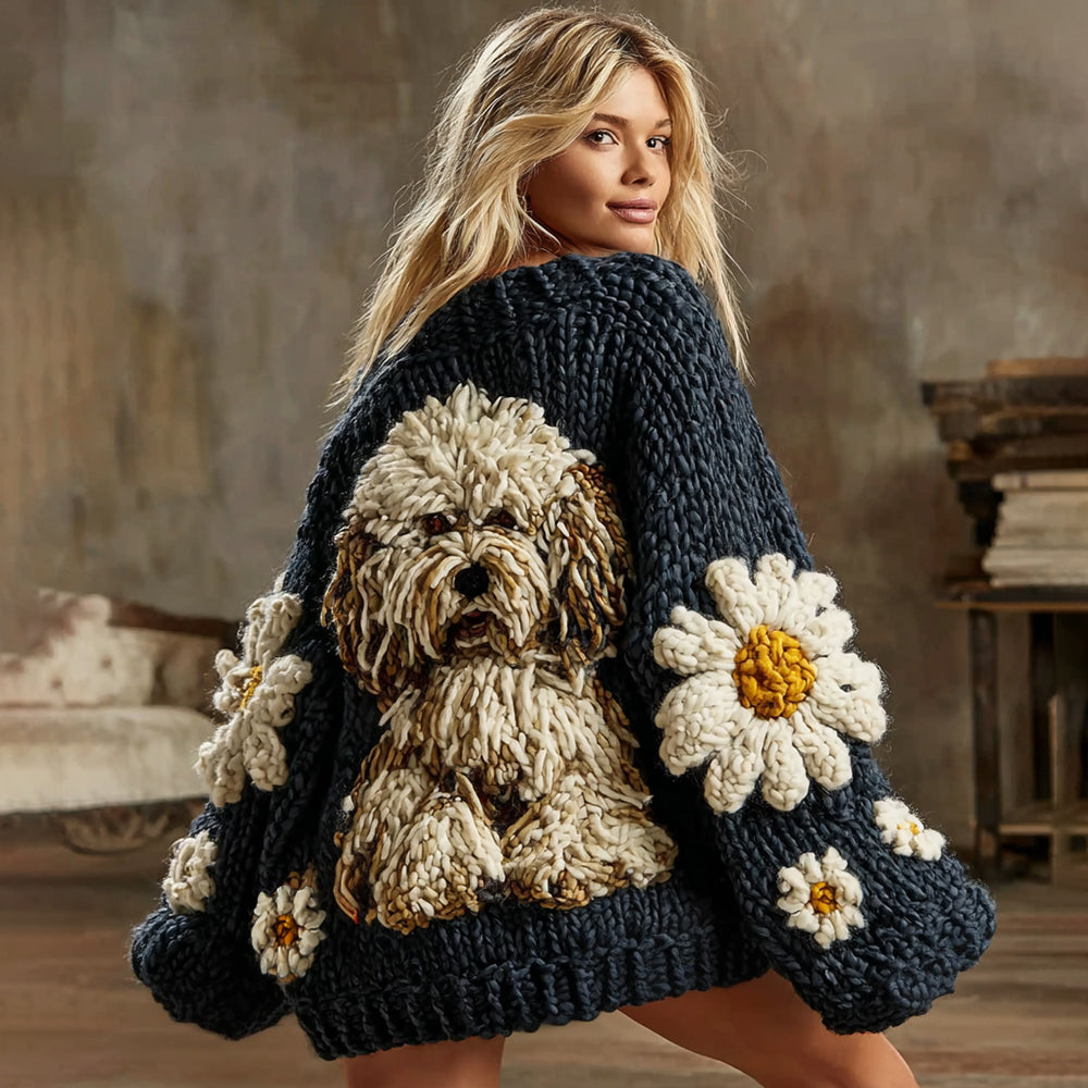 Classic Old English Sheepdog With Daisy Floral Art Inspired Embroidered Cozy Knit Sweater Cardigan artswardrobe
