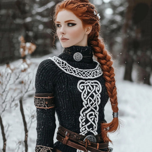 Women's Viking Geometric Lines Knitted Cozy High Neck Sweater elevenforest