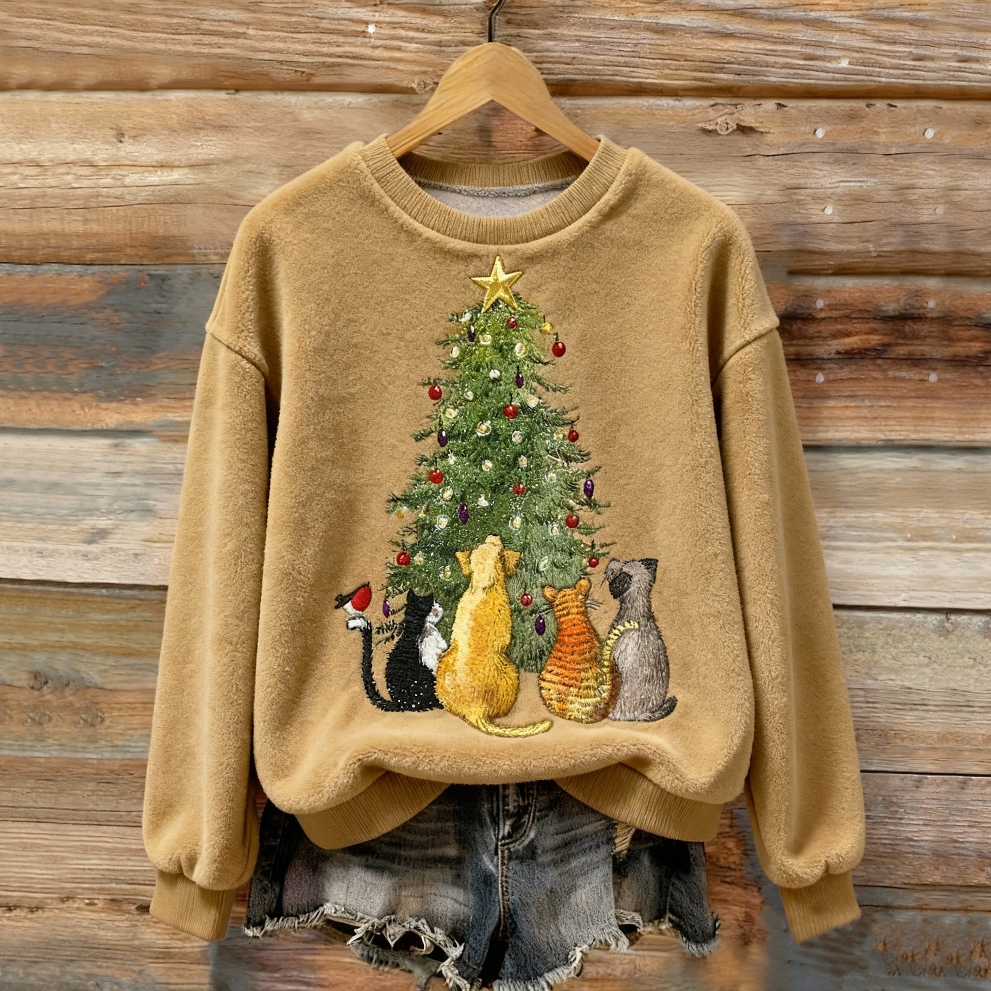 Comstylish Women's Christmas Cats And Dogs Embroidery Art Comfort Plush Sweatshirt