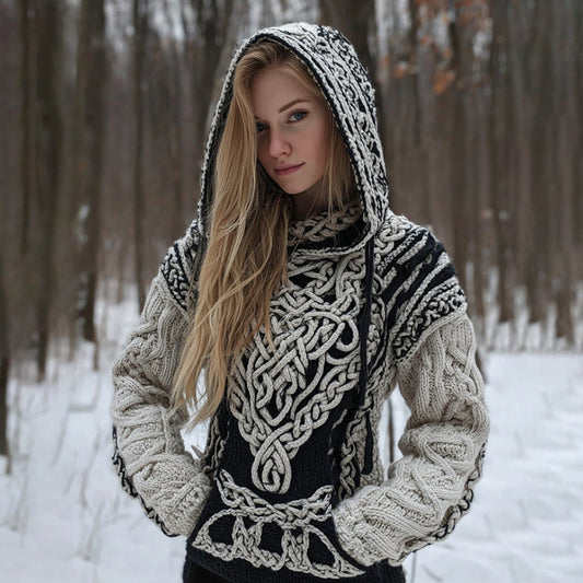 Women's Vintage Viking Celtic Knot Cozy Knit Hooded Sweater artswardrobe