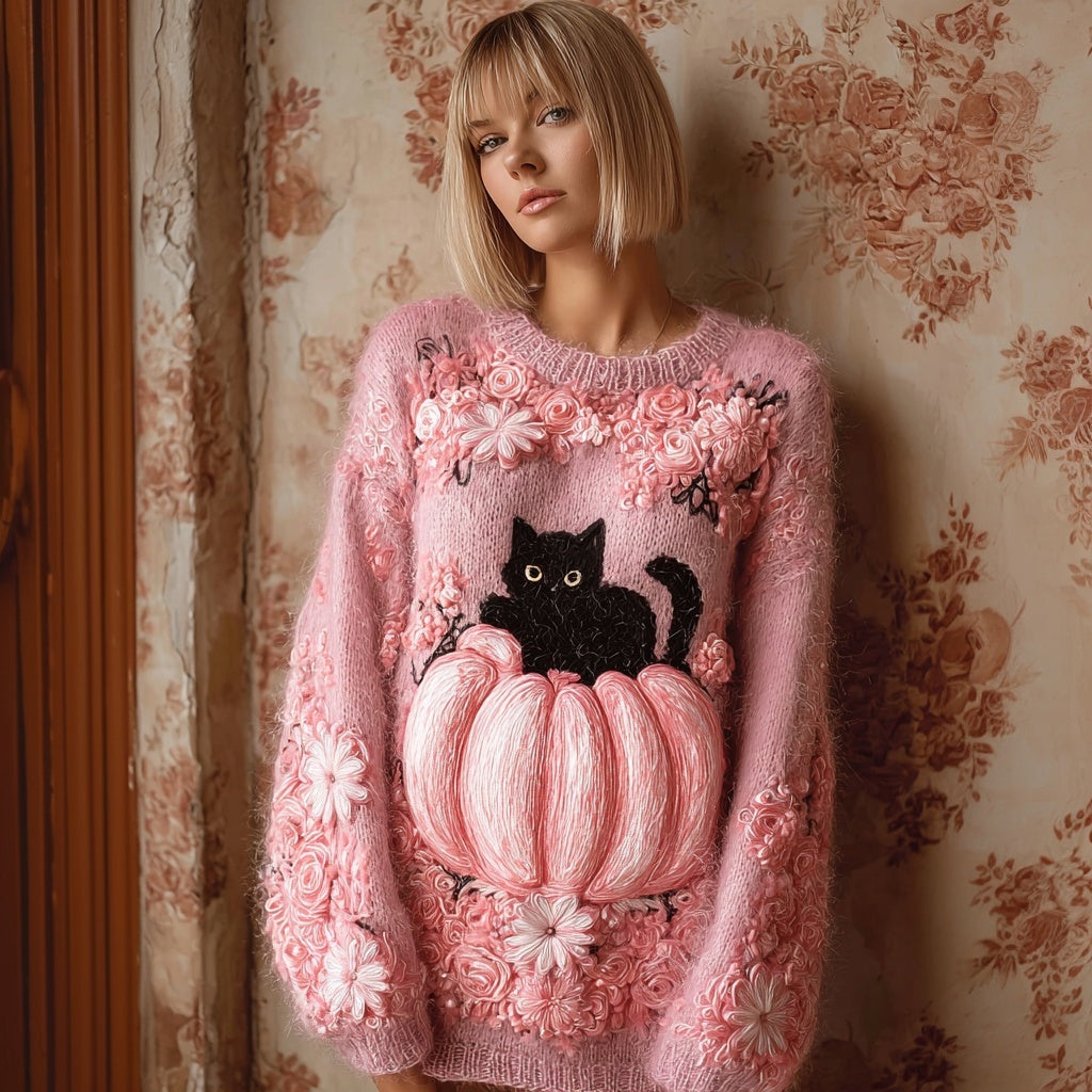 Retro Black Cat Pumpkin Embroidered Cozy Knit Sweater artswardrobe