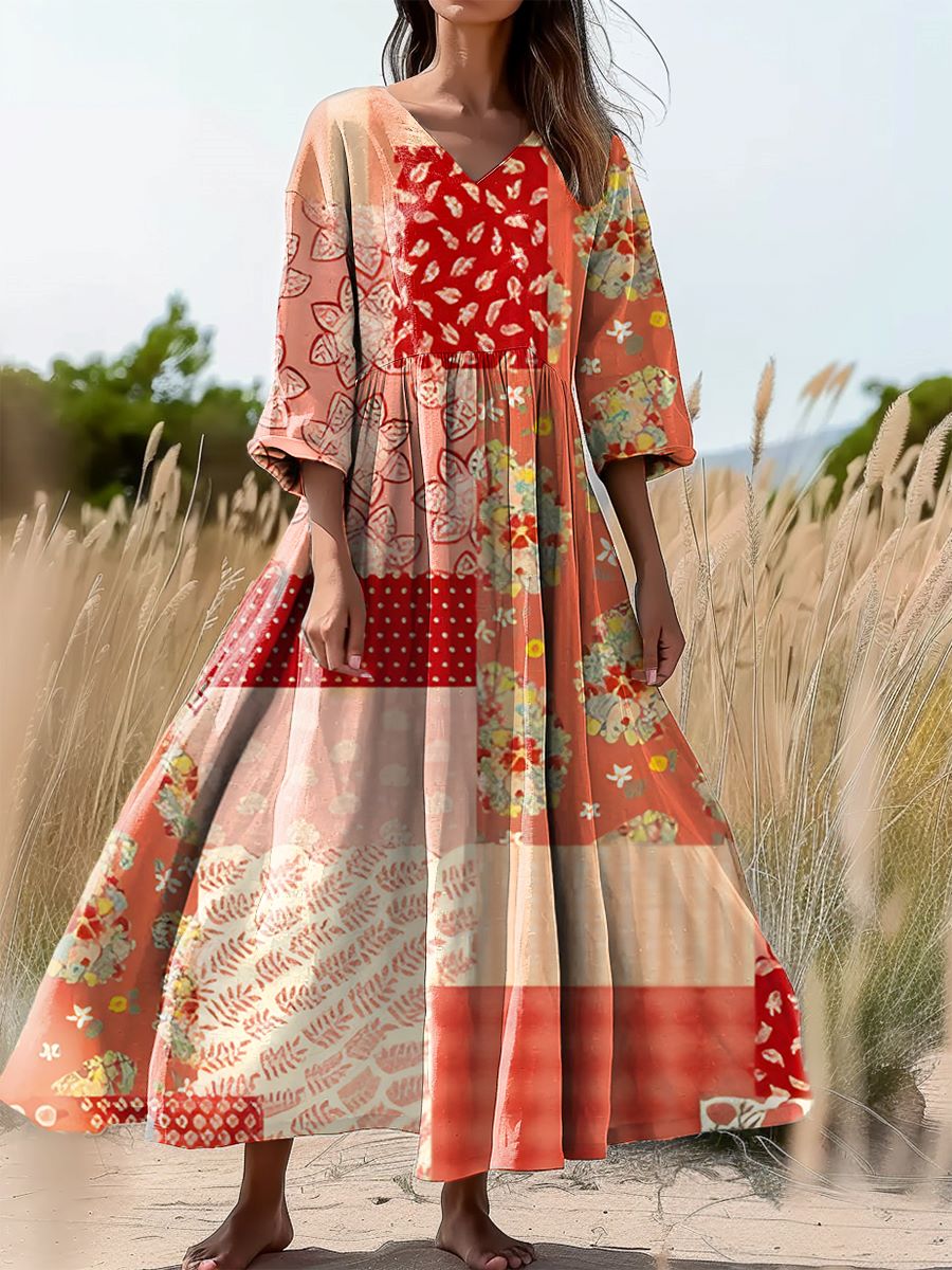 Women's Floral Patchwork Art Print Flowy V-Neck Cotton Dress