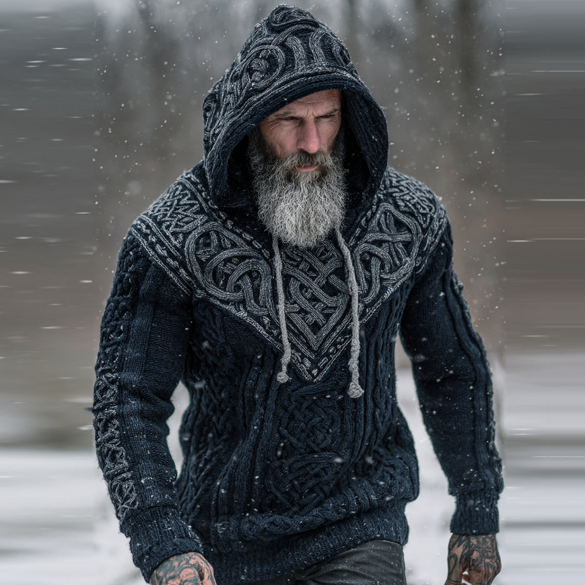 Men's Viking Tribal Jacquard Celtic Knotwork  Inspired Chunky Knit Hooded Sweater artswardrobe