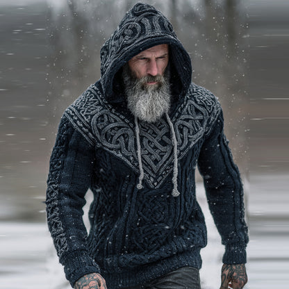 Men's Viking Tribal Jacquard Celtic Knotwork  Inspired Chunky Knit Hooded Sweater artswardrobe