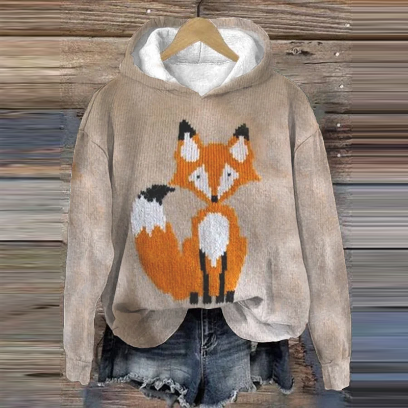Women's Cute Fox Print Casual Hoodie artswardrobe