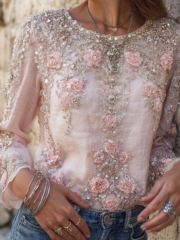 Comstylish Vintage Pink Roses Embroidered Crew Neck Linen Tunic