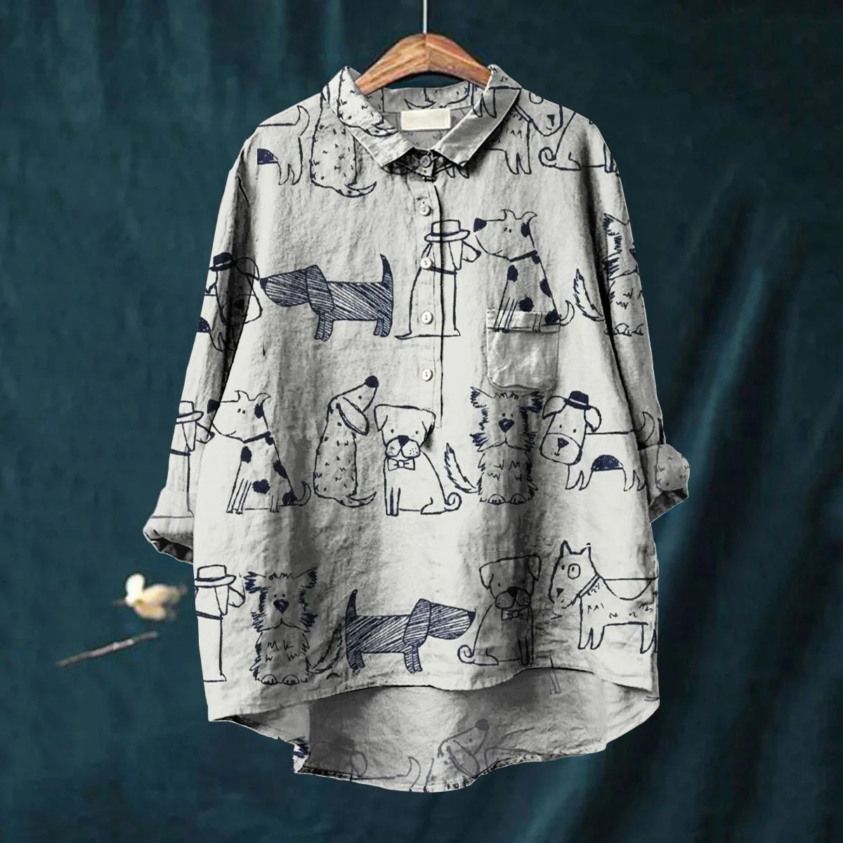 Comstylish Women's Cute Dog Art Print Cotton And Linen Shirt