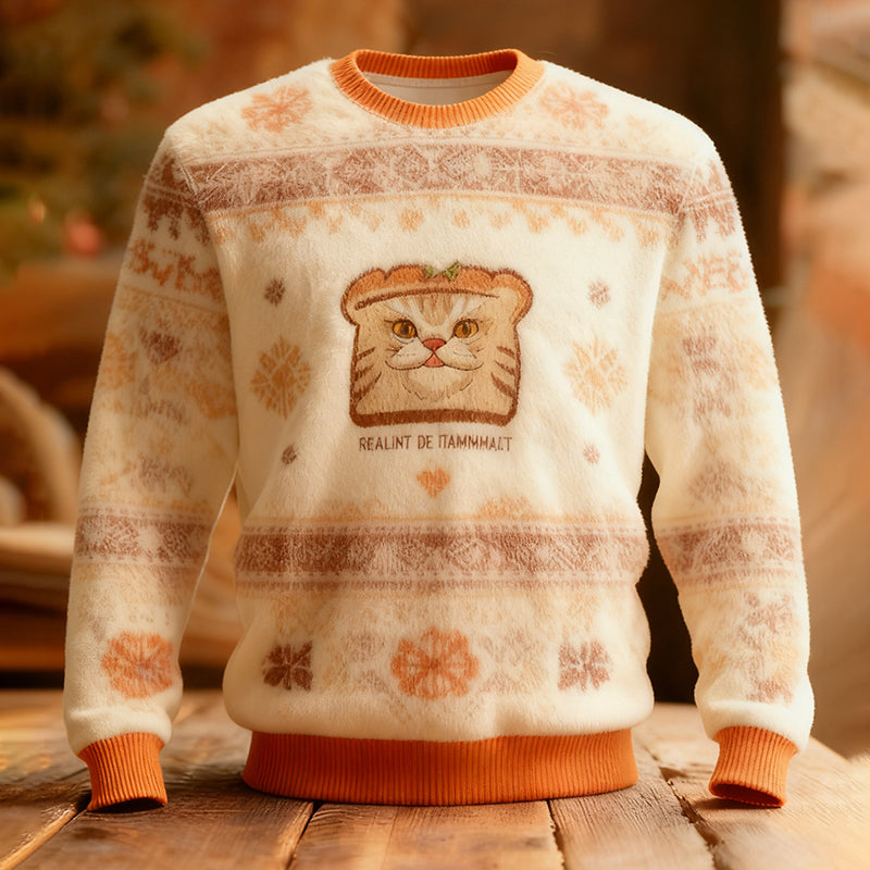 Comstylish Cute And Fun Cat Pattern Warm Crew Neck Sweater