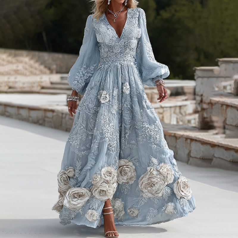 Women's Vintage Blue Floral Embroidery Long Sleeve Casual Maxi Dress artswardrobe
