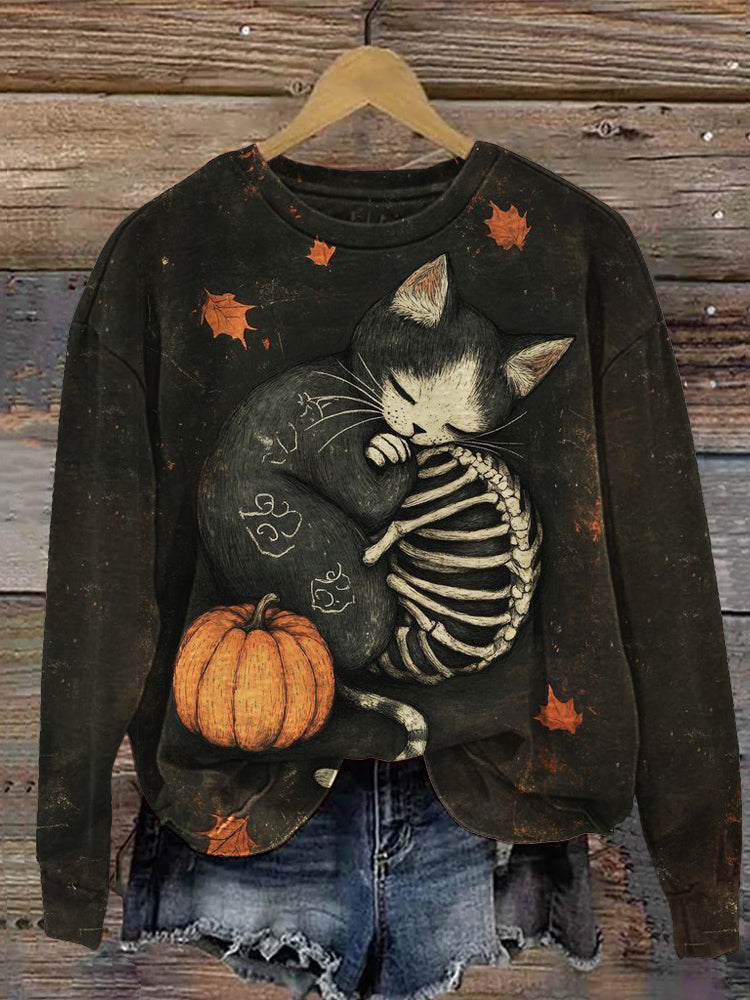 Comstylish Skeleton Cat Halloween Women's Casual Hoodie