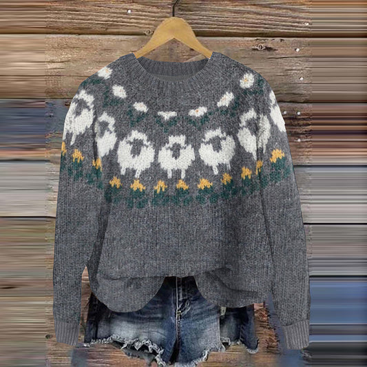 Cozy Sheep Floral Graphic Knitted Crew Neck Sweater elevenforest